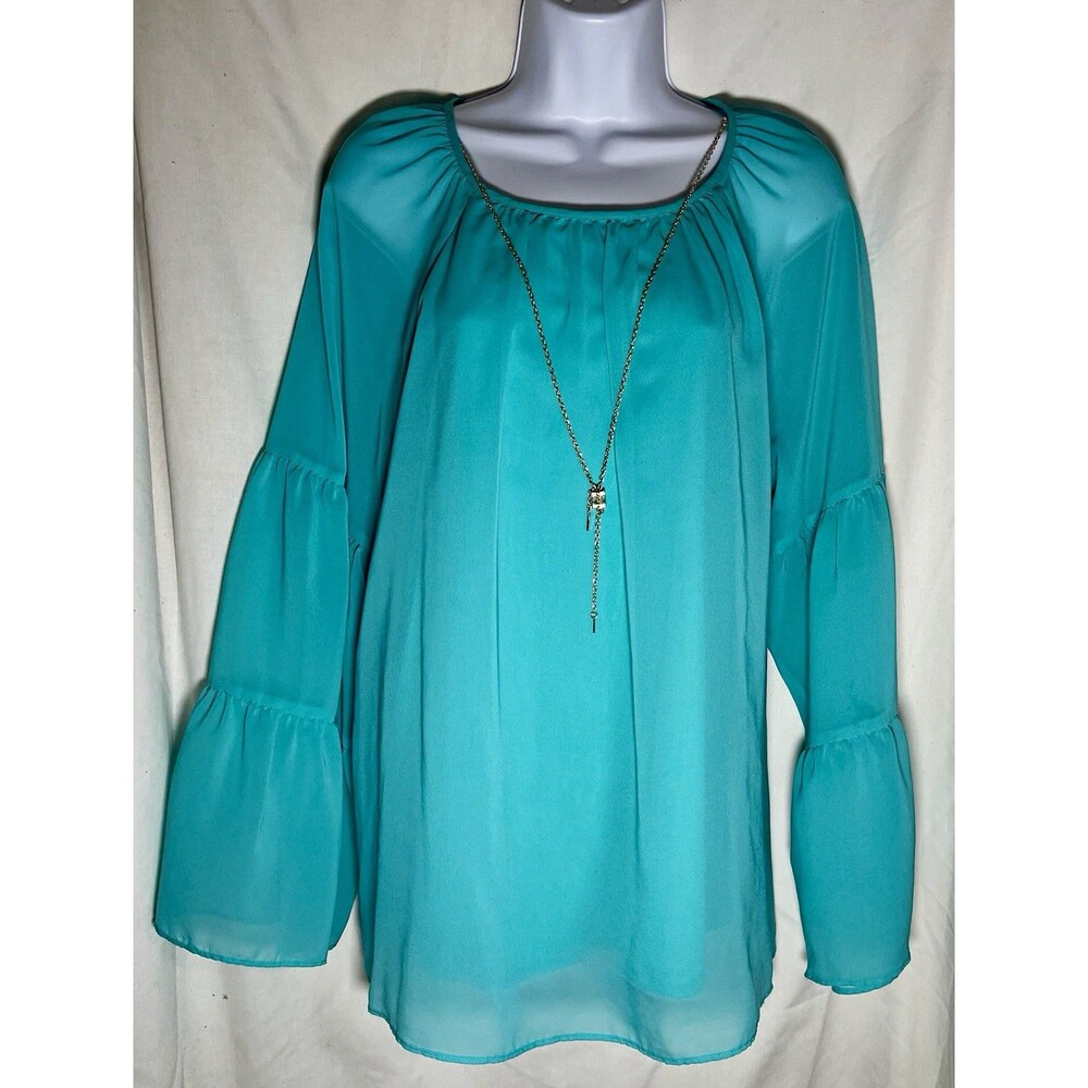 JM Collection Women’s Turquoise Chiffon Bell Sleeve Round Neck Blouse - M